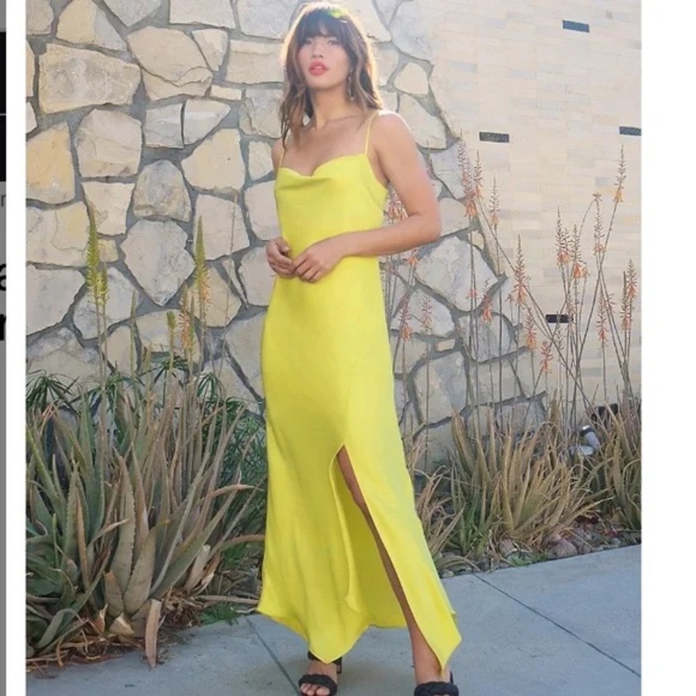 Express Citron satin asymmetric slipped dress with front slit